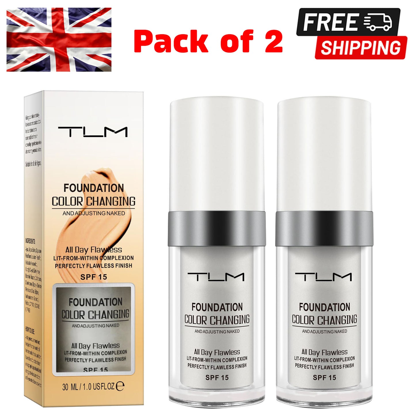 2 x TLM Daily Flawless Long-Lasting Liquid Colour Changing Face Foundation 30ml