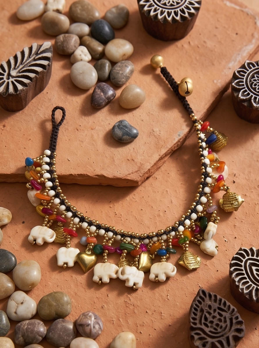 Boho Beaded Elephant Anklet, Multi-Coloured Seed Bead Foot Jewellery UK