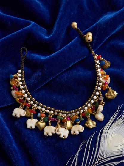 Boho Beaded Elephant Anklet, Multi-Coloured Seed Bead Foot Jewellery UK