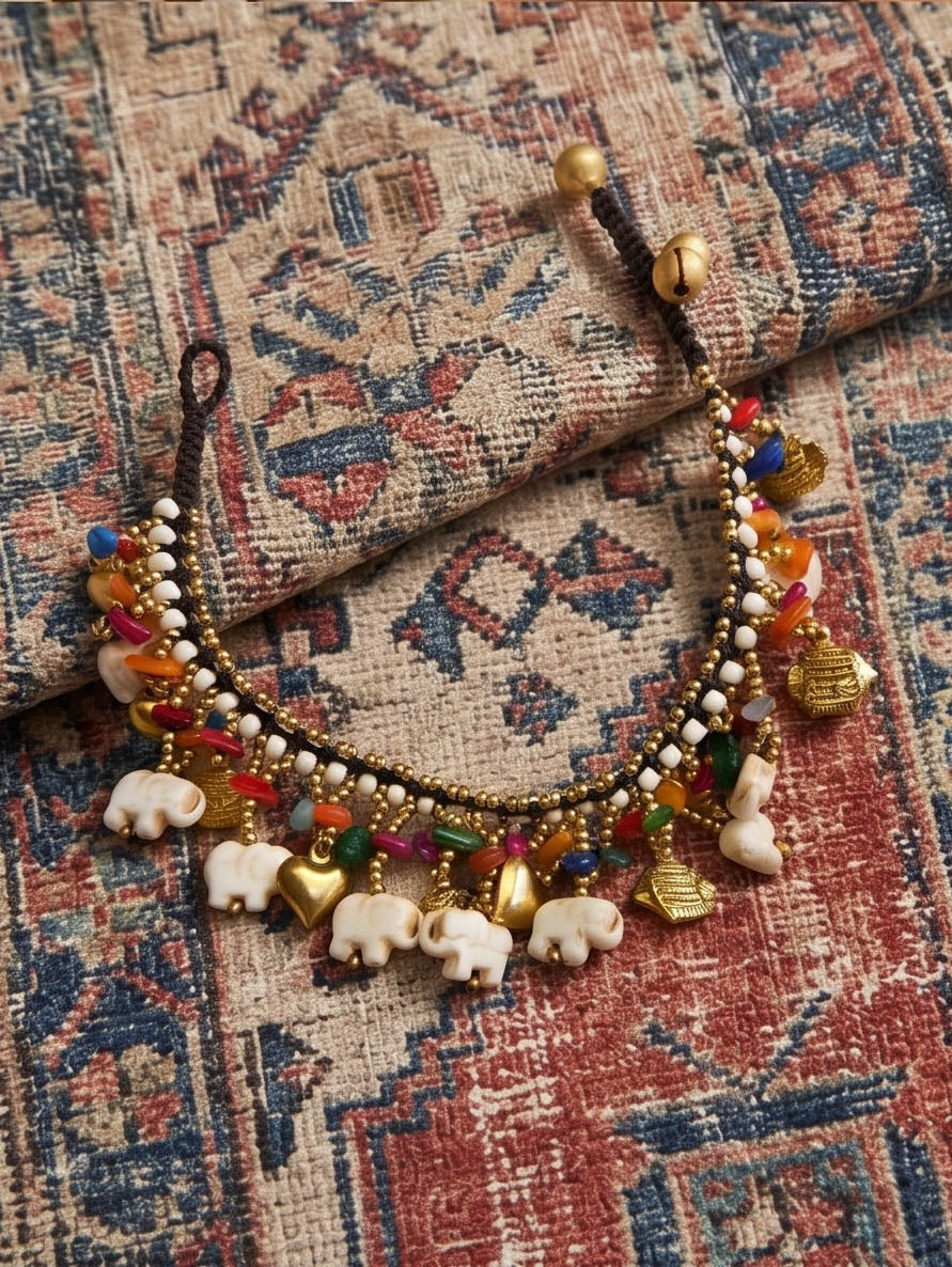 Boho Beaded Elephant Anklet, Multi-Coloured Seed Bead Foot Jewellery UK