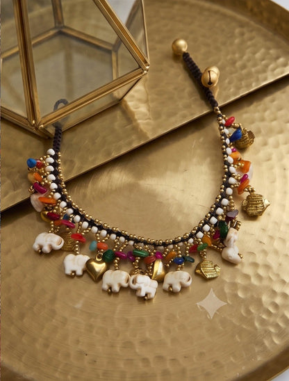 Boho Beaded Elephant Anklet, Multi-Coloured Seed Bead Foot Jewellery UK