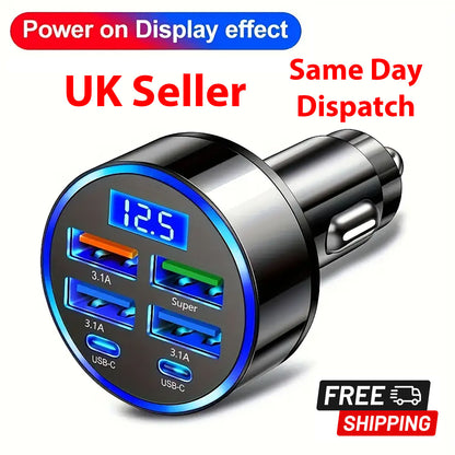 6-Port Fast Car Phone Charger with LED Display