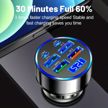 6-Port Fast Car Phone Charger with LED Display