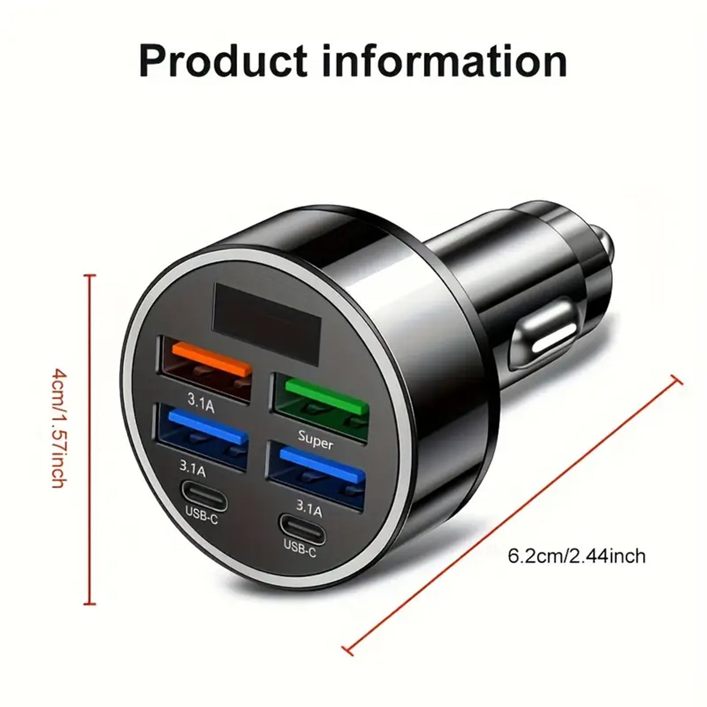 6-in-1 Fast Charging Car Phone Charger with LED Display - 4 USB A and dual PD C