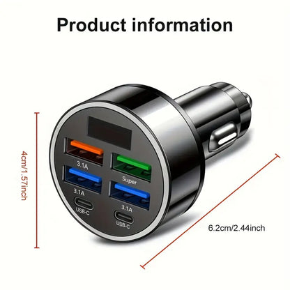 6-Port Fast Car Phone Charger with LED Display