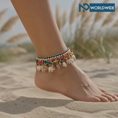 Boho Beaded Elephant Anklet, Multi-Coloured Seed Bead Foot Jewellery UK